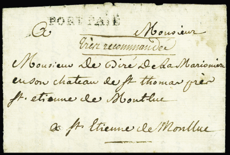 Petite poste de Nantes, première période (administration privée de Mangin) : lettre de Nantes pour St Etienne de Montluc (21 juin 1779) avec MP "Port païé du bureau central de la Petite Poste en mention manuscrite "