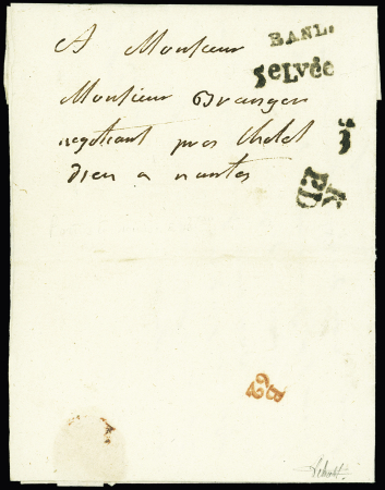 Petite Poste de Nantes : lettre de Bouguenais pour Nantes (1785) avec MP "BANL" et marque de facteur de campagne "K PD", au verso boitier B 62 en rouge. Jolie pièce