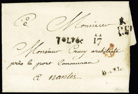 Petite Poste de Nantes : 2ème période (1780 - 1795) : lettre de Vieillevigne pour Nantes (1787) avec diverses marques dont "BANL" en noir et boitier "B 49" en rouge. Jolie pièce
