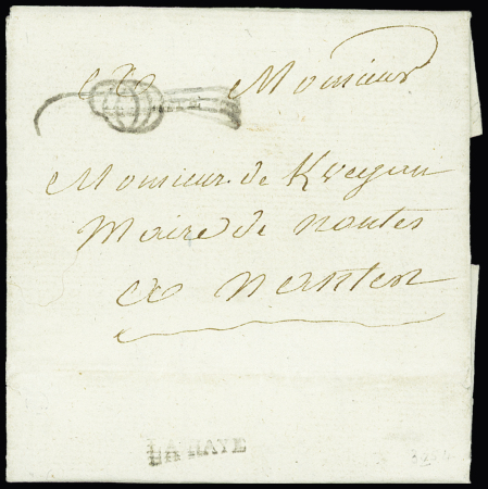 Petite Poste de Nantes - 2ème période : lettre pour le maire de Nantes avec petite marque de banlieue "La Haye" et paraphe de franchise grand type (38mm). Seule pièce connue avec cette association connue uniquement en