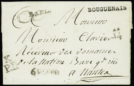 Petite Poste de Nantes. Deuxième période : lettre de Bouguenais pour Nantes avec MP "Bouguenais", "BANL", "K PD" et "6 levée" (1790 - seule année d'utilisation). Jolie pièce RR