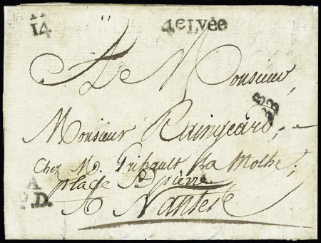Petite Poste de Nantes : lettre de Saint-Domingue (Les Cayes) pour Nantes (1794) malgré le blocus anglais avec marques noires "A / PD", "B 33" et "4e Lée". Rareté. TB
