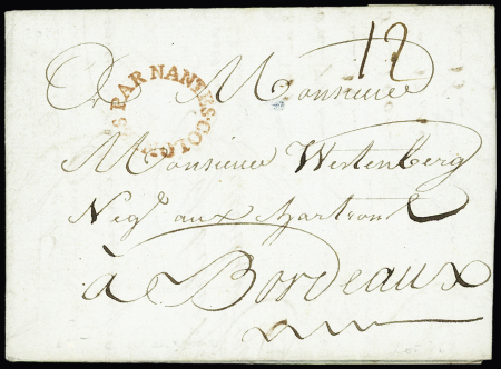Lettre de Port au Prince (Saint-Domingue) pour Bordeaux par Nantes avec marque ovale rouge "Colonies par Nantes (Lenain n°15A et Salles n°11), ind 21.TB