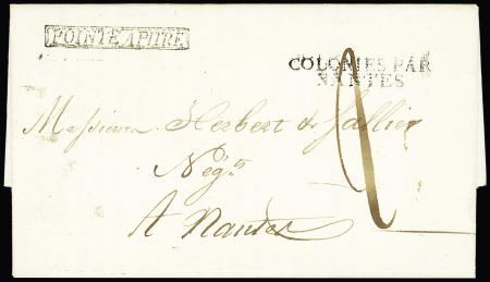 Lettre de Pointe à Pitre pour Nantes avec MP encadrée "Pointe à Pitre" (Jamet n°7) et MP d'entrée "colonies par / Nantes" (Salles n°60). Rare et TB