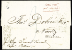 Lettre de Calcutta pour Nantes (1828) avec mention manuscrite en rouge "Outre mer par Nantes", au verso 2 marques encadrées "Calcutta GPO". TB. Seule pièce connue à ce jour