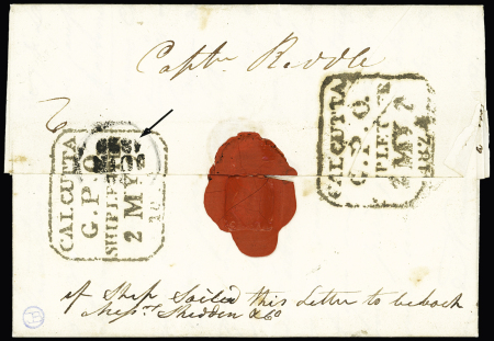 Lettre de Calcutta pour Nantes (1828) avec mention manuscrite en rouge "Outre mer par Nantes", au verso 2 marques encadrées "Calcutta GPO". TB. Seule pièce connue à ce jour
