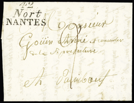 NORT : lettre avec double cursive "42 Nort Nantes" (1827), ind 20. TB