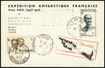 Madagascar n°306 + 309 OBL CAD Terre Adélie (15.2.49 et 20.1.50) sur carte postale Traineau à chiens avec cachets rouge "Batiment polaire Commandant Charcot" écrite par Yves Valette. RR et TB