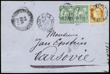 N° 65 (x2) +38 sur lettre de Paris 1877 pour la Pologne
