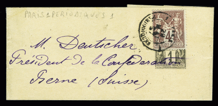 N°88 OBL CAD "1 Paris 1 périodiques" (1887) sur entier postal bande 1c Sage noir pour la Suisse. TB