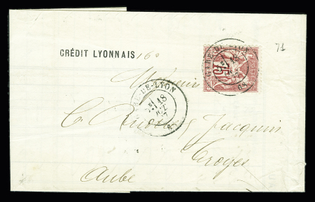 N°71, 75c carmin, OBL T17 "Gare de Lyon (68)" (1877 sur lettre à en-tête du Crédit Lyonnais pour Troyes. TB