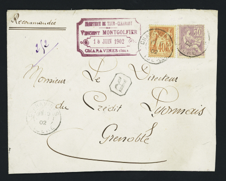 N°94 + n°115, 30c Mouchon violet, OBL Charavines Isère (1902) sur lettre recommandée. TB
