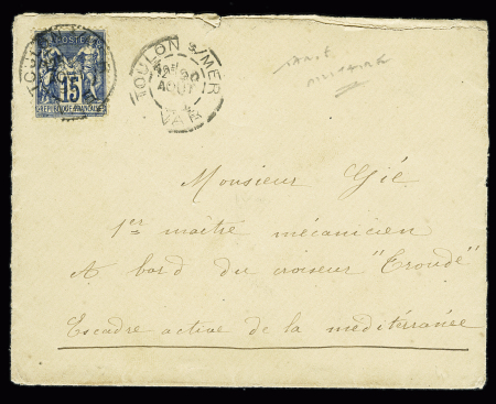 N°90 OBL CAD "Toulon s/Mer Var" (1895) sur lettre adressée au croiseur Troudé de l'escadre active de la Médittérranée. TB