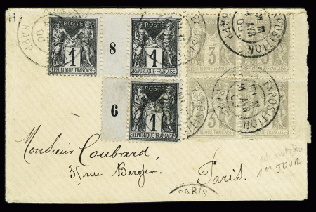N°87, bloc de 4 + n°83, paire interpanneau avec millésime 8 + n°83, millésime 6 OBL CAD "Paris exposition rapp" (1900) sur lettre. TB
