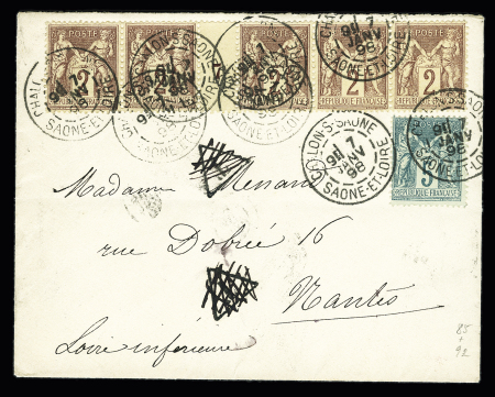 N°75 + n°85, bande de 5 interpanneau OBL "Chalon-s-Saone Saone et Loire" (1898) sur lettre. TB