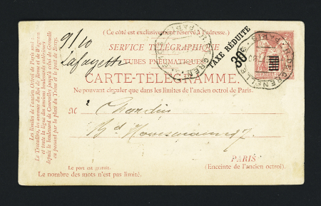 Entier carte-télégramme 50c Sage rose avec surcharge noire "taxe réduite 30c" OBL CAD pneu ondulé noir "R. de Grenelle 103 Paris" (1880) (Sag N2). TB