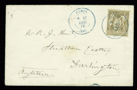 N°69, 30c brun, OBL CAD bleu "Paris (60)" (1876) sur lettre pour Darlington (GB). TB