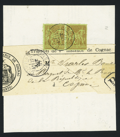 N°96, 20c brique sur vert en paire OBL "Cognac Charente" (1887) sur pli du tribunal de Cognac recommandé sous bande. TB