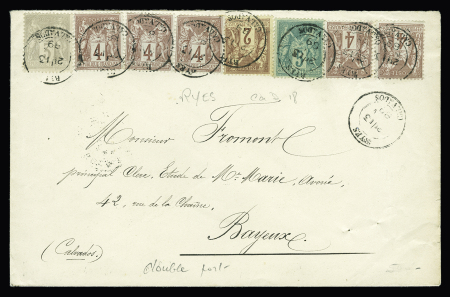 N°75 + 85 + 87 + 88, 5 pièces, OBL CAD "Ryes Calvados" (1889) sur lettre en double port pour Bayeux. TB