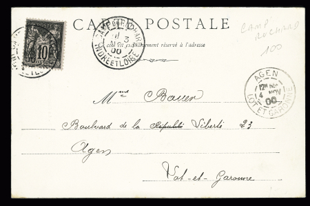 N°103 OBL CAD "Camp du Ruchard Indre et Loire" (1900) répété à côté sur carte postale. TB