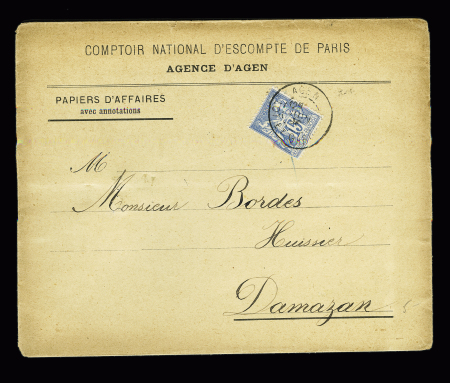 N°90 OBL "Agen Lot et Garonne" (1896) sur enveloppe pour Damazan avec mention imprimée "Papiers d'affaires avec annotations". TB