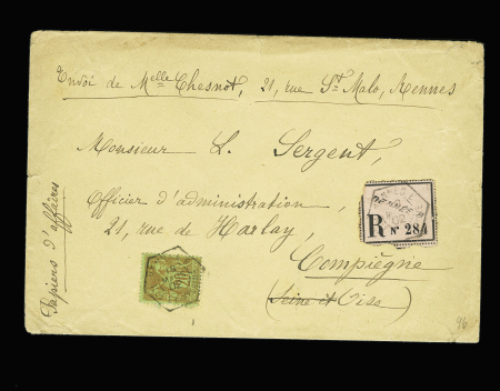N°96, 30c brique sur vert OBL hex à cercle inétrieur "Rennes B Ille et Vilaine" (1902) sur papier d'affaires recommandé avec étiquette rose. TB