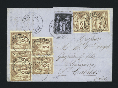 N°83 + 85, 7 pièces, OBL "Bonnetable Sarthe" (1880) sur lettre, bel AFF. TB