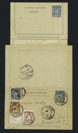 Entier CLRP 15c + 15c Sage avec n°83 + 85 + 87 + 88 OBL Chatou Seine et Oise (1896) pour l'Allemagne (le volet réponse neuf). TB