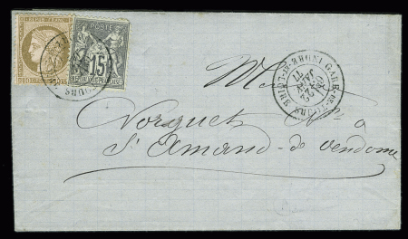 N°54 + 66 T18 "Gare de Tours Indre-et-Loire" (1877) sur lettre. AFF composé Cérès-Sage. TB