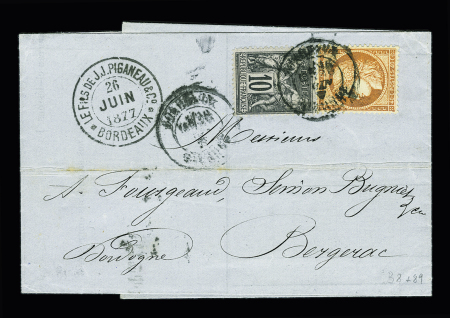 N°38 + 89 OBL T18 "Bordeaux Gironde" (1877) sur lettre pour Bergerac. AFF composé Cérès-Sage. TB