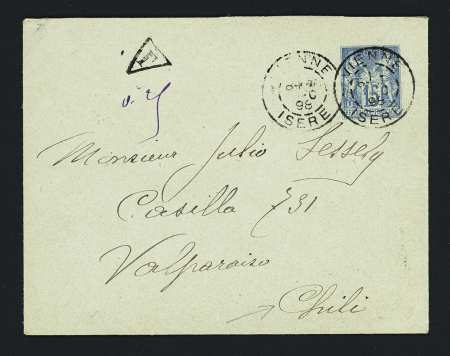 Env. entier postal 15c Sage OBL "Vienne Isère" (1898) pour Valparaiso (Chili) avec mention de taxe "T 0,25" et au verso grand CAD "Valparaiso réception". TB