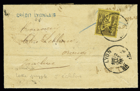 N°99, 75c violet-noir sur jaune OBL Lyon (1895) seul sur une petite lettre du 5ème échelon, TB, cote 340€