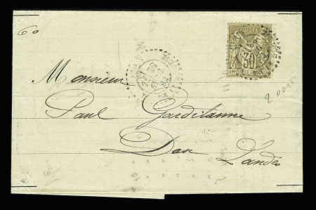 N°80, 30c brun, OBL CAD pointillé "Paris PL. de la Bourse" (1882) répété à côté. TB