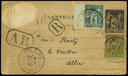 N°75 + 96 OBL Orléans (1896) sur entier carte-lettre recommandée 25c Sage noir sur rose. TB