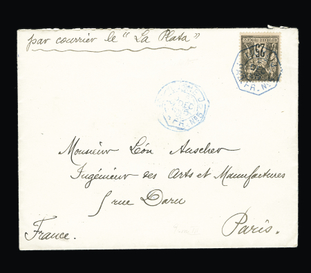 N°97 OBL CAD octogonal bleu à cercle intérieur "Ligne J PAQ. FR. N°5" (1895) sur lettre avec mention manuscrite "Par courrier de La Plata". TB