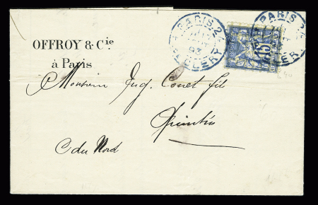 N°101 OBL CAD  bleu "Paris 24 R. de Clery" (1893) répété à côté sur lettre. TB