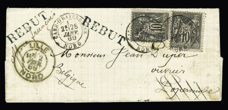 N°89, 2 pièces (1 ex def) OBL T18 "Gare d'Hazebrouck Nord" (1888) pour Poperinghe avec griffe belge partiellement manuscrite "Rebut office français". TB