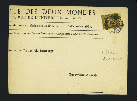 N°93 OBL CAD noir "Imprimés Paris PP62" sur devant de bande de la Revue des Deux Mondes pour Guebwiller (Alsace allemande). TB