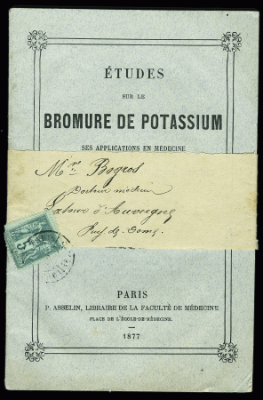 N°75 OBL CAD noir "Imprimés Paris PP 25" (1877) sur brochure "Etudes sur le bromure de potassium" sous bande. TB