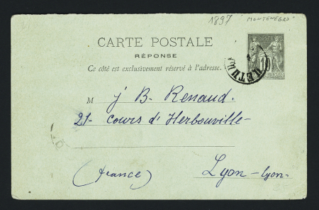 Entier carte postale réponse 10c Sage OBL CAD "Cettigné" (1897 - Monténégro). RR et TB