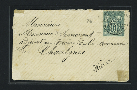 N°76, 10c vert, OBL Paris (1877) sur lettre. TB