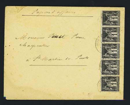 N°83, 1c noir sur azuré, bande de 5, sur papier d'affaires adressé à St Martin du Puits (Nièvre). TB