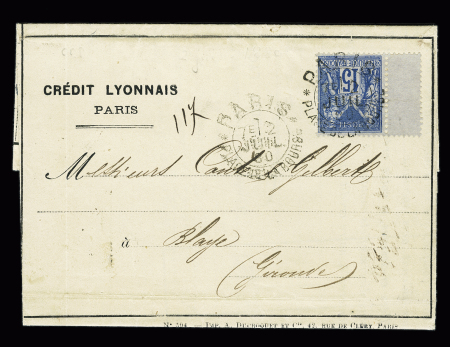 N°90 OBL CAD d'essai sans cercle extérieur "Paris Place de la Bourse" (1880) (De Beaufond n°667) répété à côté sur lettre. TB
