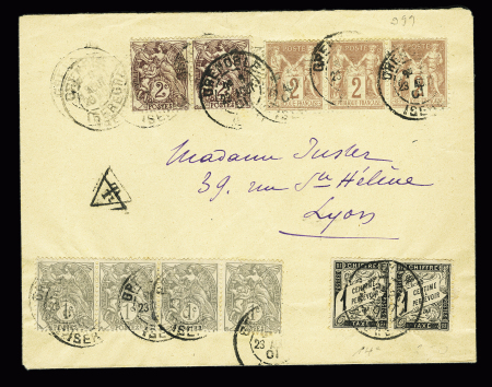 N°85, bande de 3 + 107, bande de 4 + 108 en paire OBL Grenoble (1901) AFF à 14c pour Lyon (manquent 2c) avec taxe n°10 en paire AFF composé Sage-Blanc. TB