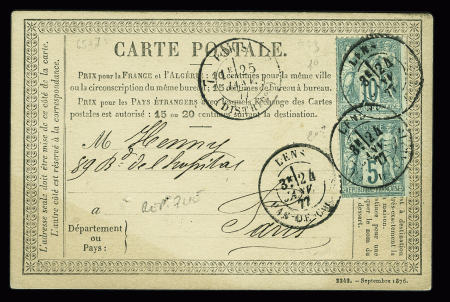 N°65 + 75 OBL T18 "Lens Pas de Calais" (1877° sur carte postale précurseur. TB