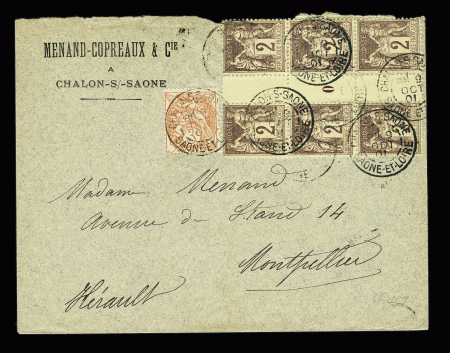 N°85, bloc de 6 millésime O + n°109 OBL Chalon-s-Saone Saône et Loire (1901) sur lettre. AFF composé Sage-Blanc. TB