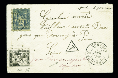 N°90, déjà oblitéré, sur lettre avec CAD "Asprières Aveyron" (1887) + timbre-taxe n°18 et mention manuscrite à l'encre rouge "Taxe pour timbre ayant déjà servi". TB