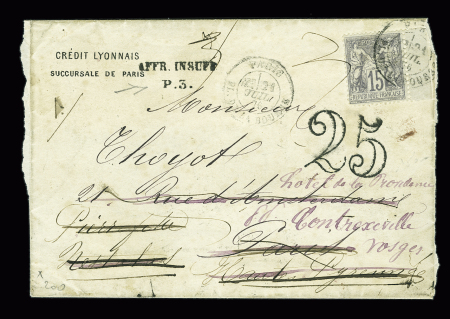 N°77 OBL "Paris PL. de la Bourse" (1876) sur lettre réexpédiée avec griffe "AFF insuff P3" et taxe 25 double-trait. TB