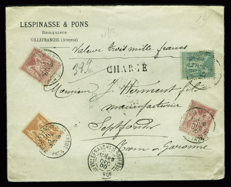 N°75 + 94 + 104, 50c rose, 2 pièces OBL "Villefranche de Rouergue Aveyron" (1900) sur lettre chargée (VD 3000F). TB