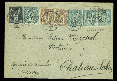 N°75, bande de 3 + 1 pièce + n°83 + n°85 en paire OBL "Breteuil sur Noye Oise" (1899) sur lettre pour Château Salins, AFF tricolore. TB
